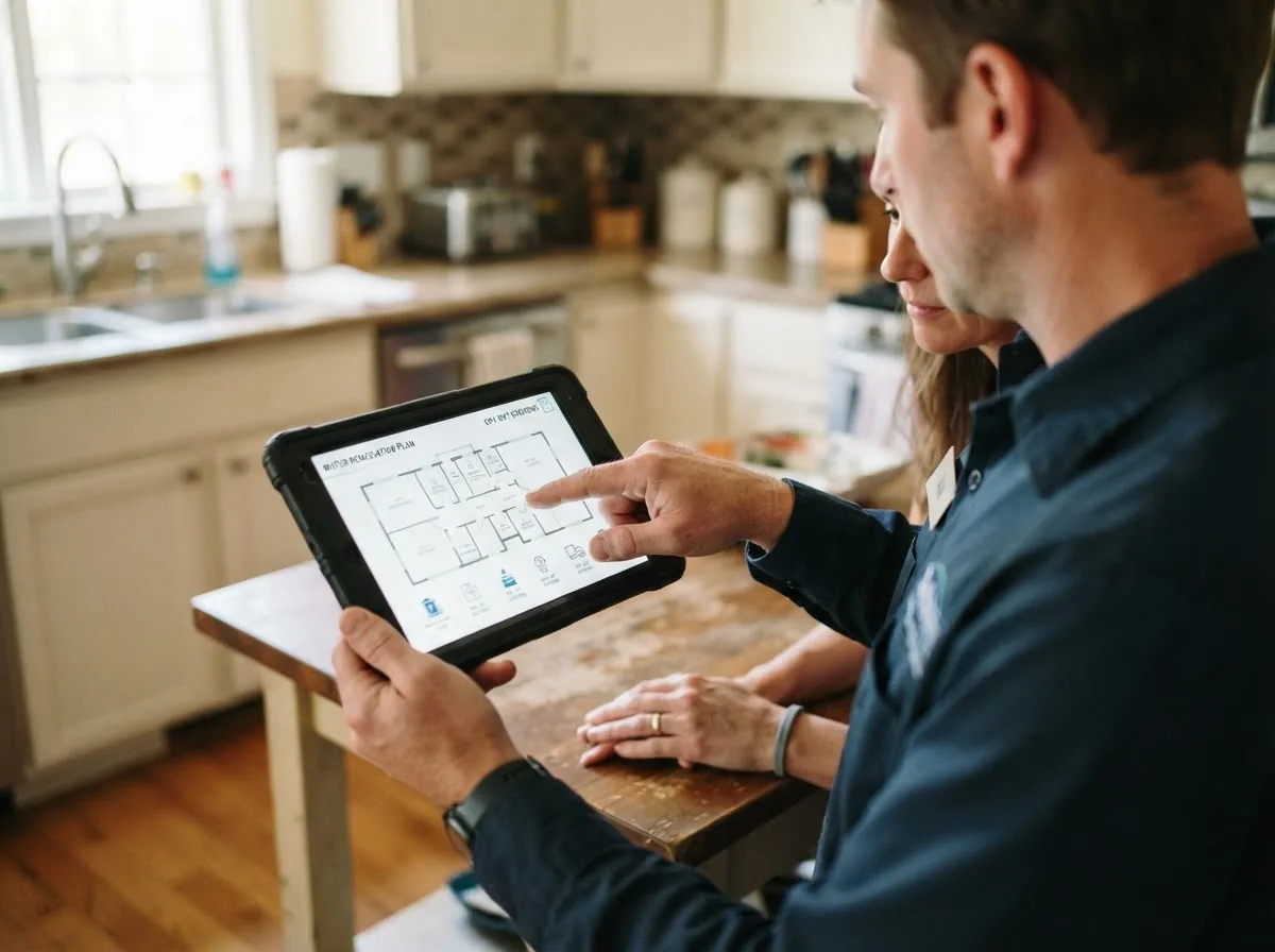 Water damage restoration technician inspecting a home in Monitor, WA